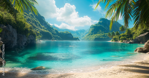 Tropical island paradises background illustration. Image generated by AI