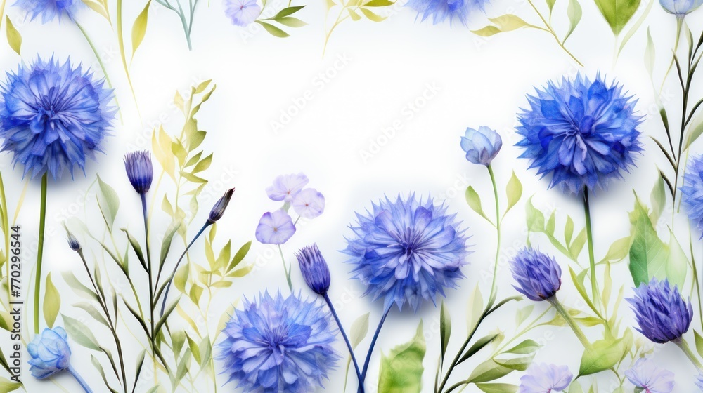 Background of a mix of delicate blue cornflower blossoms and fresh green leaves