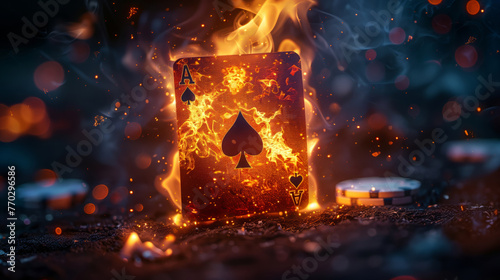 Aces of spades playing cards on fire with vibrant flames and sparks on a dark textured background photo