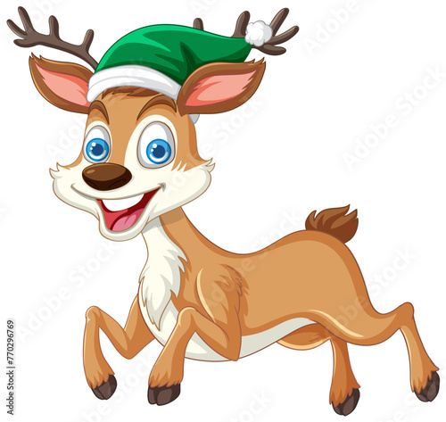 Cartoon reindeer wearing a green Christmas hat.
