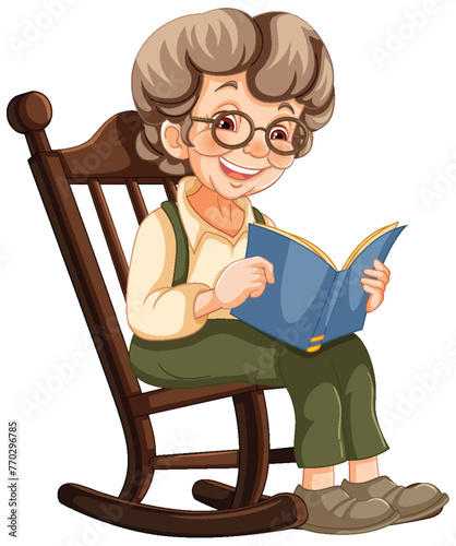 Elderly woman smiling while reading in a rocking chair.