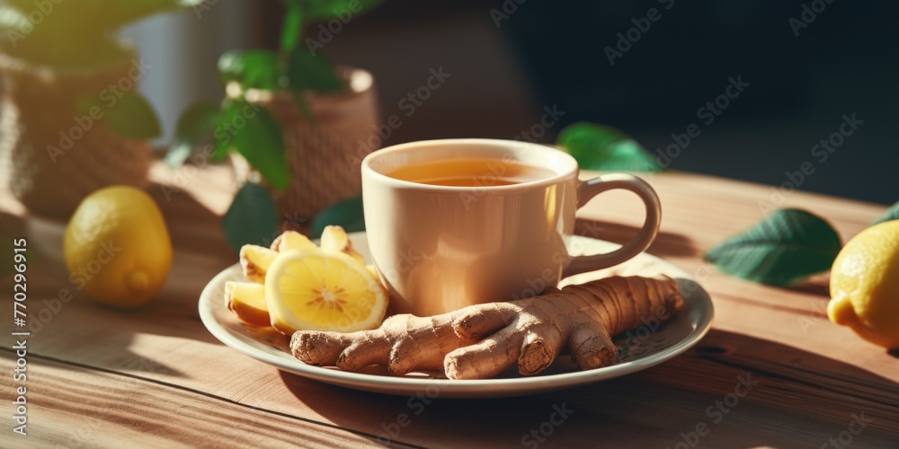 A white mug with a tea bag and a lemon slice sits on a wooden table. The table is also covered with a plate of ginger and lemon slices A white mug with a tea bag and a lemon slice sits on a wooden table. The table is also covered with a plate of ginger and lemon slices