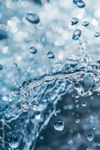 A splash of water with many small droplets falling from the sky. The water droplets are scattered all over the image  creating a sense of movement and energy. Scene is lively and dynamic