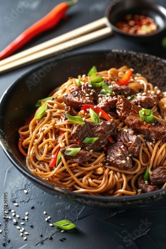 A bowl of noodles with meat and vegetables. There are chopsticks on the table