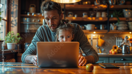 Father and daughter are sitting together at a table in their home and learn online on a laptop. Family and technology concept