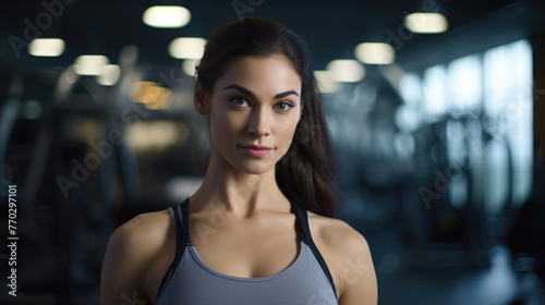 A woman is standing in a gym with a serious expression on her face. She is wearing a grey tank top and she is focused on her workout