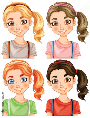 Four illustrated girls with different hairstyles and tops.
