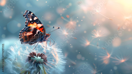 Beautiful wild flowers chamomile, purple wild peas, butterfly in morning Beautiful image in nature of monarch butterfly on lantana flower., Generative Ai photo