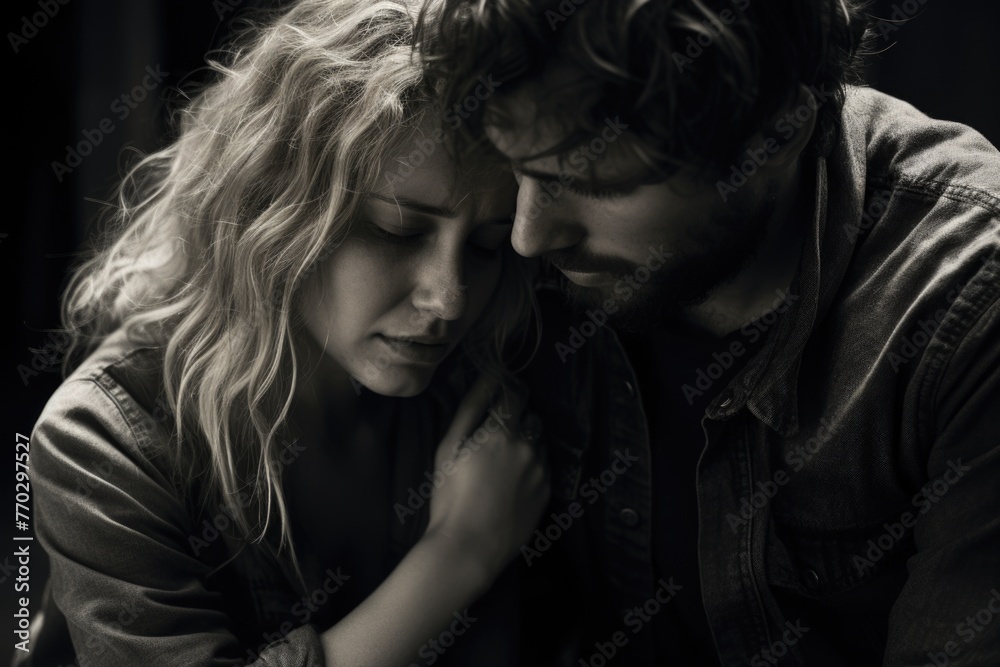 A man and a woman are hugging each other. The woman is crying and the man is trying to comfort her. Scene is sad and emotional A man and a woman are hugging each other. The woman is crying and the man is trying to comfort her. Scene is sad and emotional