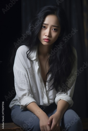 A woman with long black hair is sitting on a wooden bench. She is wearing a white shirt and blue jeans. Scene is sad and contemplative