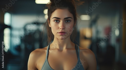 A woman with a ponytail and a sports bra is standing in a gym. She has a serious expression on her face Free Download A woman with a ponytail and a sports bra is standing in a gym. She has a serious expression on her face - GFXLoad
