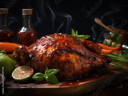 A roasted chicken with a side of vegetables and a bottle of sauce. The chicken is surrounded by a variety of vegetables, including carrots and green beans. The sauce is poured over the chicken
