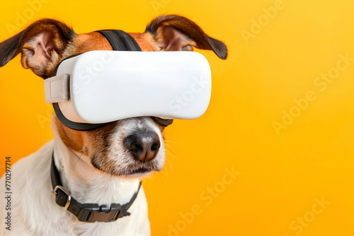 Pet dog wearing virtual reality (VR) goggles. Yellow background. Space for copy.