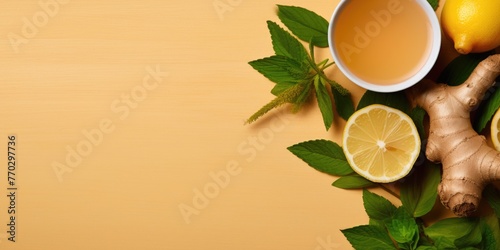 A bowl of tea and a lemon and ginger on a table. Concept of relaxation and wellness, as the ingredients are commonly used in teas and are known for their health benefits photo