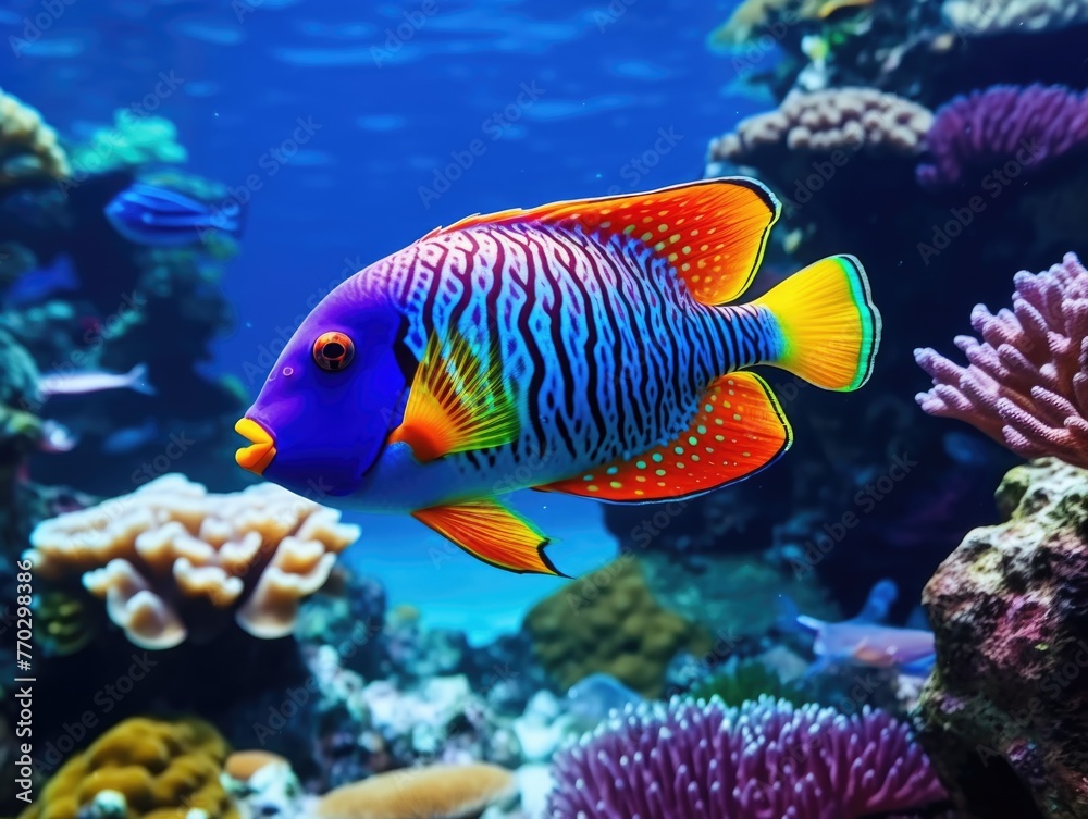 Fototapeta premium A colorful fish swimming in the ocean. The fish is surrounded by coral and other sea creatures. Concept of vibrancy and life in the ocean