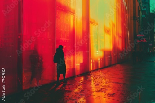 Urban Silhouette Against Vibrant Red Glass Façade 