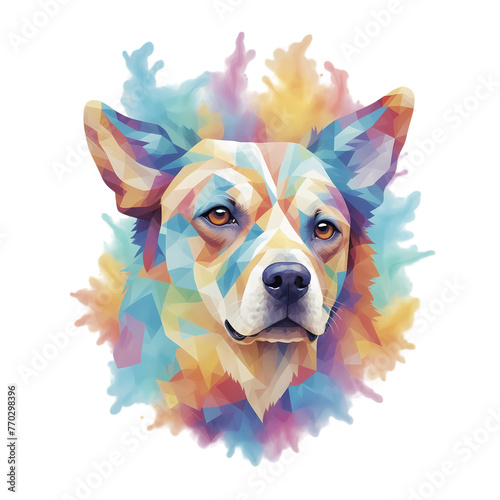 Abstract face of a dog isolated on a transparent background in 8k, geometric shapes, birthday card design, t shirt design 