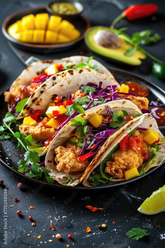 A plate of three tacos with chicken, avocado, and cabbage. The plate is on a black table with a bowl of mangoes and a bowl of guacamole A plate of three tacos with chicken, avocado, and cabbage. The plate is on a black table with a bowl of mangoes and a bowl of guacamole