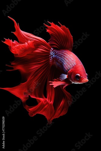 A red fish with blue spots is swimming in a black background. The fish is the main focus of the image, and its vibrant colors create a sense of energy and life