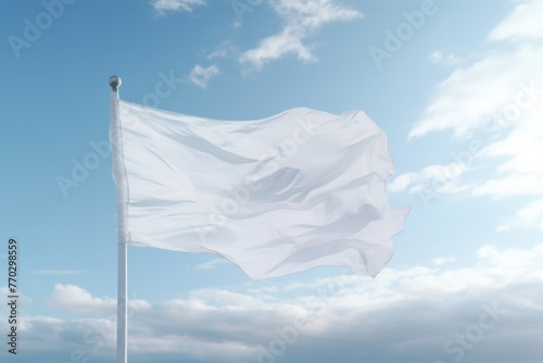 A white flag is flying in the sky. The sky is blue with some clouds. The flag is the only thing visible in the image