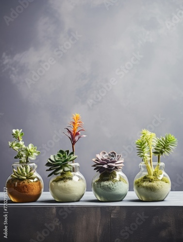 Four vases of different sizes and colors with plants in them. The vases are arranged in a row, with the tallest one in the middle and the shortest one on the far right