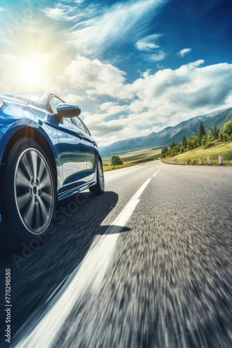 A blue car is driving down a road with mountains in the background. Scene is calm and peaceful, with the car driving smoothly down the road