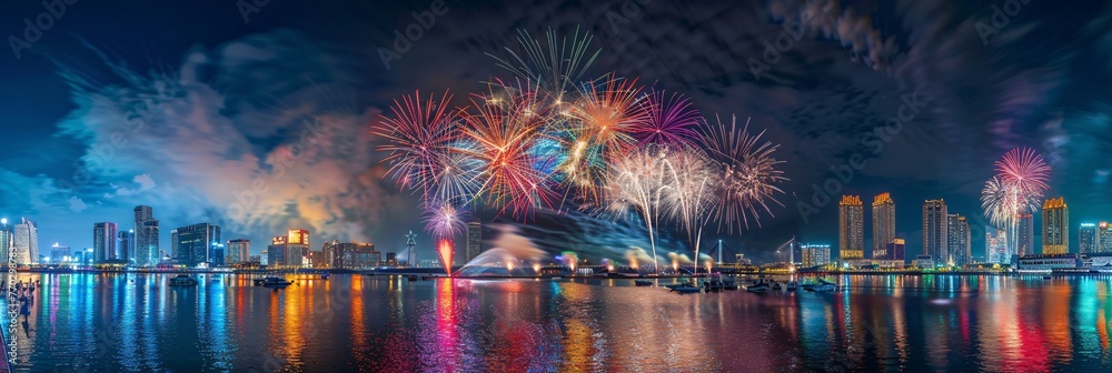 A vibrant night celebration in the city, illuminated by the spectacular dance of fireworks