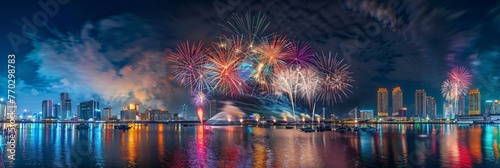 A vibrant night celebration in the city  illuminated by the spectacular dance of fireworks
