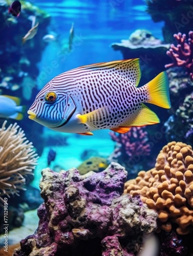 A fish with yellow fins swims in a tank with coral and other fish. The fish is surrounded by a variety of colors and textures, creating a vibrant and lively scene