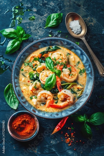 A bowl of shrimp and vegetables with a spoon next to it. The bowl is on a table with a few other bowls and a bottle. Scene is casual and inviting, as it looks like a delicious meal is being served