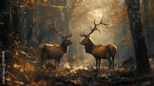 Two stag in the forest during a rut season, staring at camera 