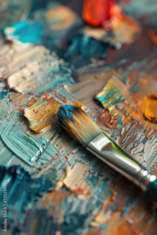 A paintbrush is on a canvas with a variety of colors. The brush is in the middle of the painting, and the colors are vibrant and bold. The painting appears to be a work of art