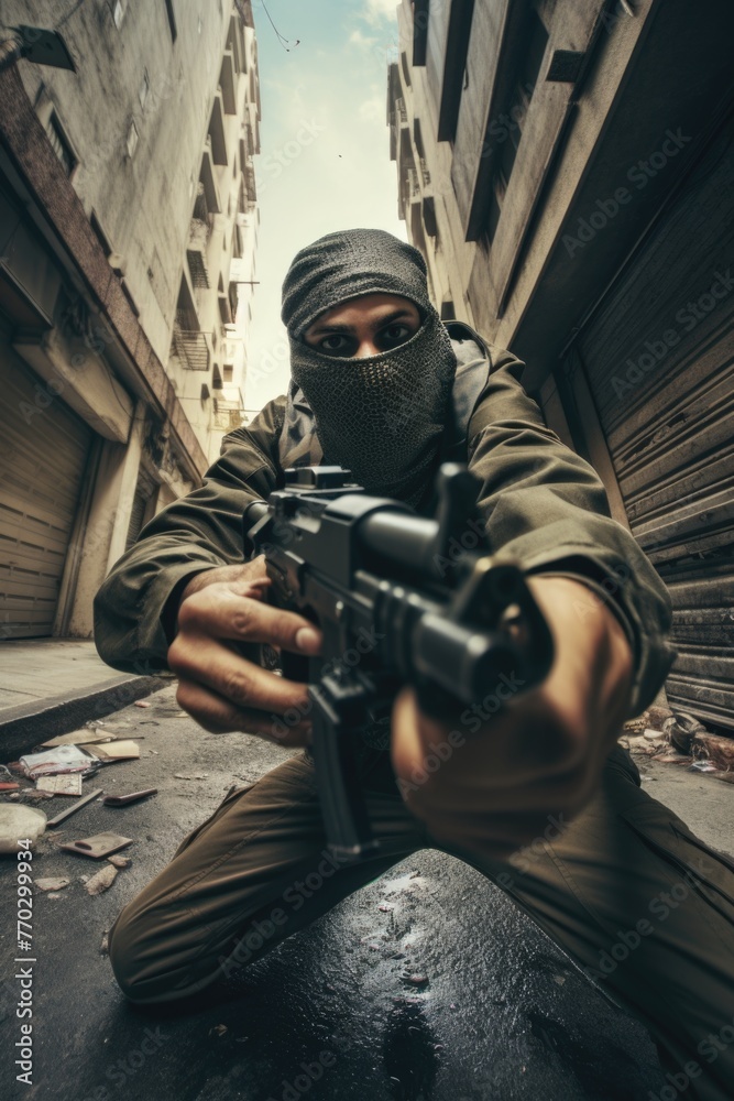 A man in a military uniform is holding a gun and wearing a scarf. The image has a tense and serious mood, as the man is a soldier or a militant A man in a military uniform is holding a gun and wearing a scarf. The image has a tense and serious mood, as the man is a soldier or a militant