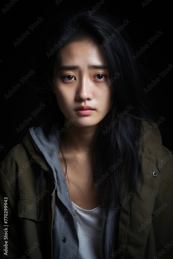 A woman with long hair and a green jacket is looking sad. She has a black hoodie on top of her jacket A woman with long hair and a green jacket is looking sad. She has a black hoodie on top of her jacket