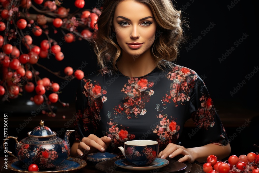 Beautiful young woman with cup of tea and teapot Beautiful young woman with cup of tea and teapot