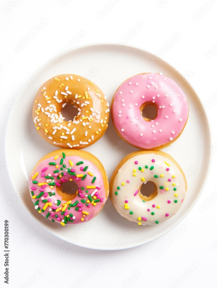Four donuts with sprinkles on top of a white plate. The donuts are of different colors and sizes, and they are arranged in a neat row. Concept of indulgence and enjoyment Four donuts with sprinkles on top of a white plate. The donuts are of different colors and sizes, and they are arranged in a neat row. Concept of indulgence and enjoyment