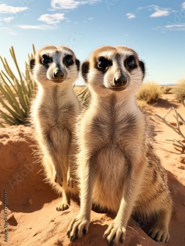 Two meerkats are standing on a rocky surface, looking at the camera. The scene is bright and sunny, with a clear blue sky in the background. The meerkats appear to be curious and friendly