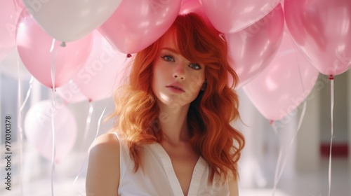 A woman with red hair is standing under a pile of pink balloons. The balloons are scattered all around her, creating a whimsical and playful atmosphere. The woman's red hair