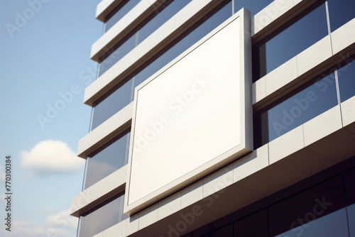 A large white sign is hanging on the side of a building. The sign is blank, which suggests that it could be used for advertising or promotion. The building itself is tall and modern