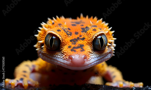 Close up of a leopard gecko isolated on black background