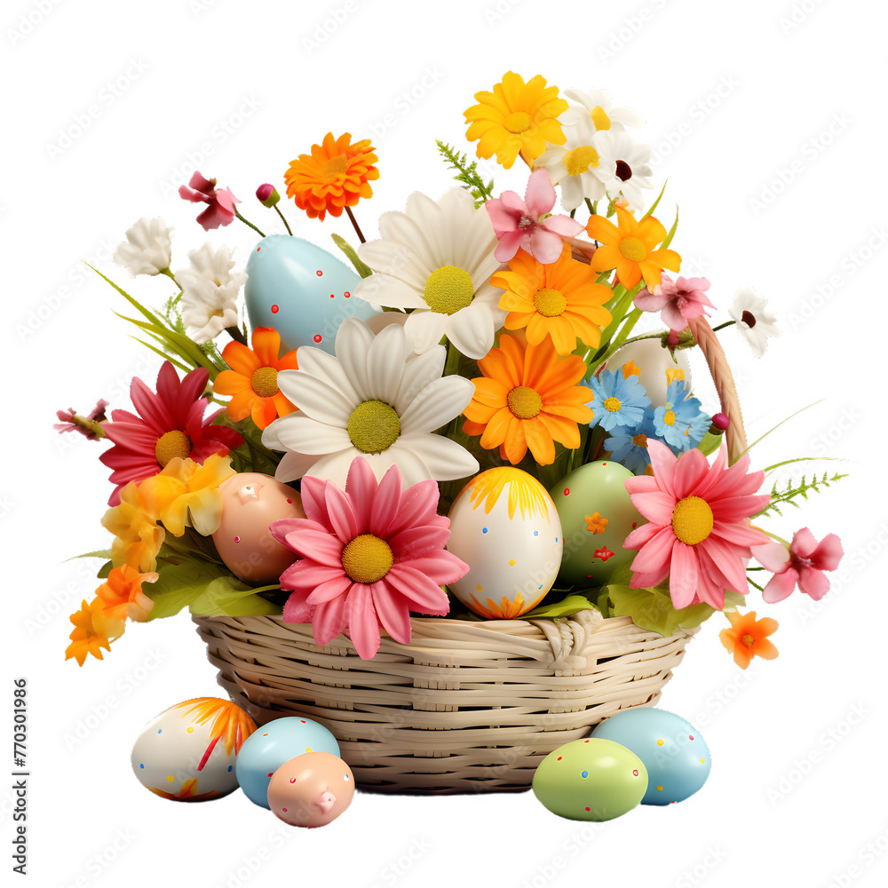 Easter eggs in basket with flowers isolated on white background