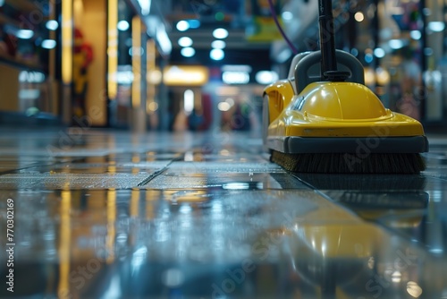 A low angle view of a yellow floor cleaning machine at work in a commercial space. © Larisa