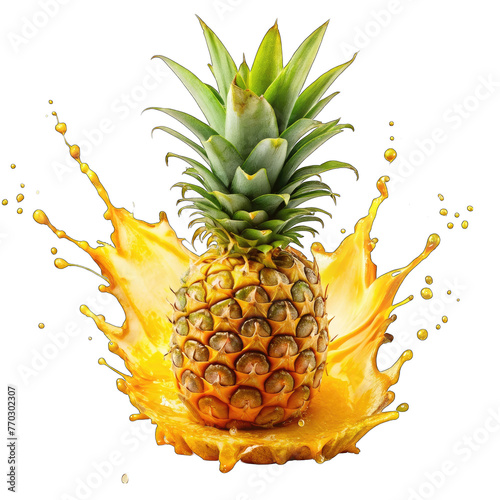 pineapple splash drop swirl with yellow liquid render in transparent background