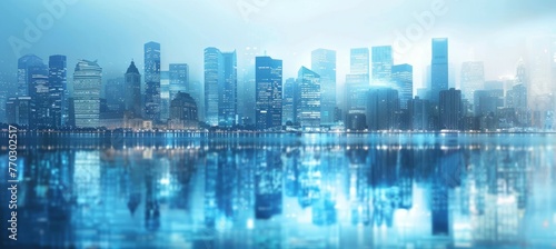 City skyline with misty scene and reflect on water. Generative AI technology.