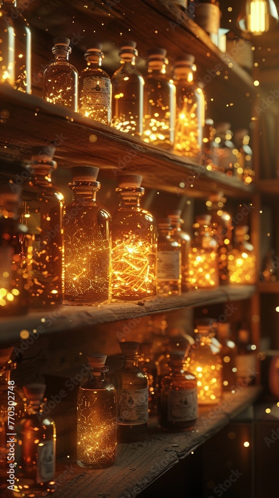 Emotion Bottles, Luminescent liquids, Creative communication, Bright room with glowing bottles on shelves and emotions swirling inside, Realistic, Golden hour, Bokeh effect