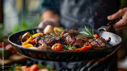 A close-up shot capturing a chef's hand holding a grill pan filled with sizzling steaks and assorted vegetables  photo