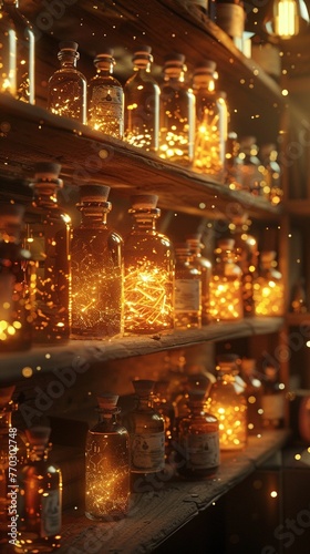 Emotion Bottles, Luminescent liquids, Creative communication, Bright room with glowing bottles on shelves and emotions swirling inside, Realistic, Golden hour, Bokeh effect