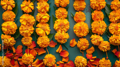 Top view of bright orange and yellow marigold flowers arranged on a vivid turquoise surface, creating a lush floral pattern