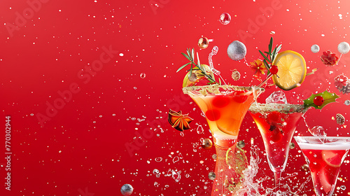 Red cocktail in martini glass for Christmas party, red background, chrismas decorstions, space for text, Vintage christmas classic cocktails photo