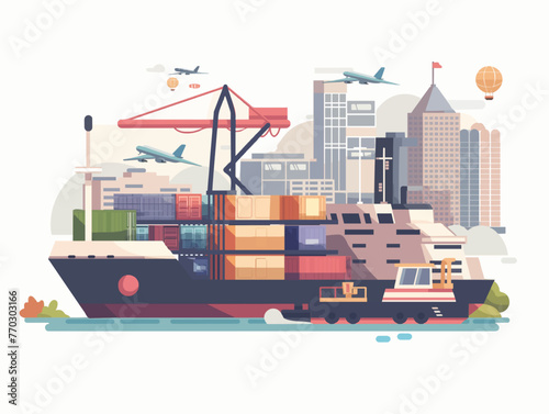 Delivery of goods by cargo seagoing vessels, rail, road, air way. Worldwide shipping. Freight commerce distribution. Cartoon flat isolated illustration. Vector export concept photo